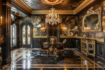 Fototapeta premium Luxurious black and gold dining room showcasing an ornate chandelier, table, chairs, and decorative accents, creating an opulent atmosphere