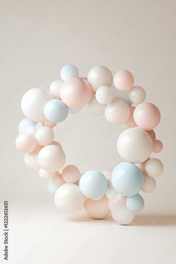 Poster a collection of glowing spheres in soft pastel colors forms a circular arrangement, gently floating 