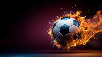 Naklejka premium Explosive action soccer ball igniting flames dynamic sports concept digital artwork vibrant environment close-up view