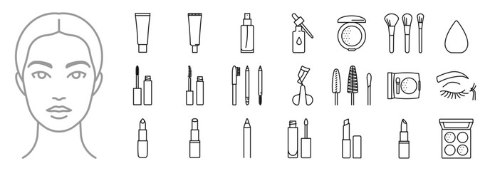 Beauty products, icon set. Makeup cosmetics - lipstick, mascara, pencil, face foundation, primer, lip gloss, powder, liner, eyeshadow, brushes and more. Line icons, editable strokes