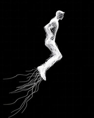 Obraz premium A minimalistic outline of a figure leaping upward, trailing luminous lines behind, representing an i