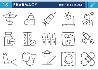 Fototapeta premium A set of line icons related to Pharmacy. Medical, syringe, medicine, digital, symbol, microscope, health, health report, and so on. Vector editable stroke.