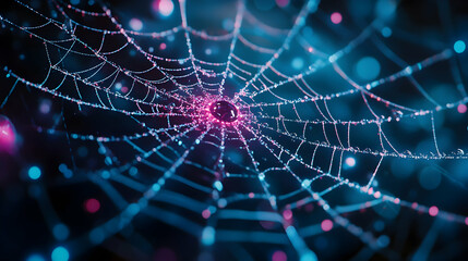 Obraz premium Glowing Blue And Pink Points Forming A Complex Digital Web, Symbolizing Virtual Networks And Communication. Generative AI