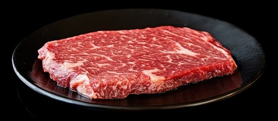 Raw marbled beef fillet on a black plate against a dark background showcasing rich red tones and hints of white marbling for cooking appeal