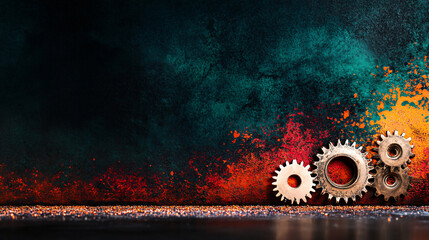 Abstract art featuring metal scraps and gears against colorful textured background evokes creativity and industrial aesthetics. vibrant colors enhance visual appeal