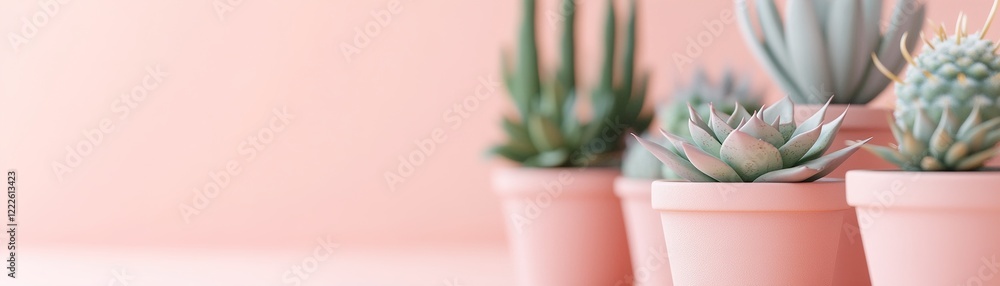 Poster this composition features an arrangement of small succulents and cacti in terracotta pots, illuminat