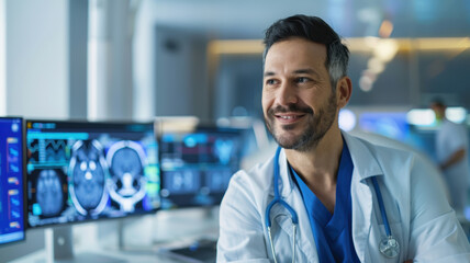 Fototapeta premium clinical specialist smiling while reviewing MRI scans on digital monitors in modern medical facility. atmosphere is professional and focused on patient care
