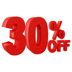 Number 30 percent off red color 3d sign percent discount on isolated background.red and White on a Transparent Background