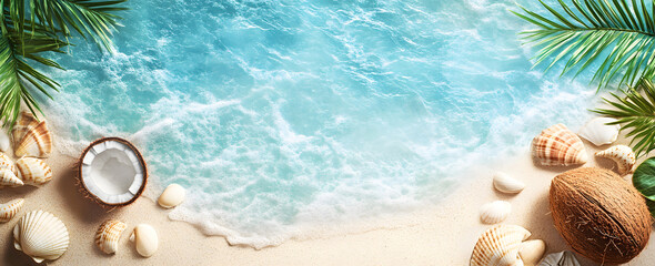 Obraz premium Summer Vacation - Accessories In Tropical Beach With Defocused Ocean, Summer Background