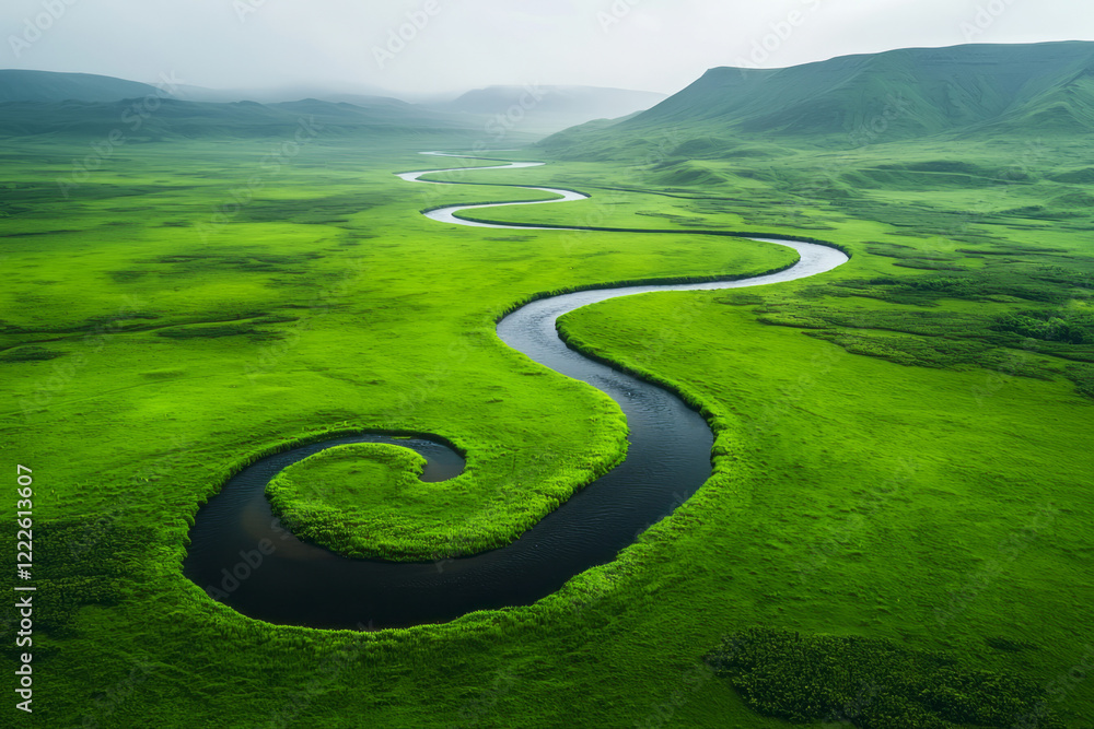 Poster a branching river in a vast landscape, illustrating how one life can diverge into many streams for t