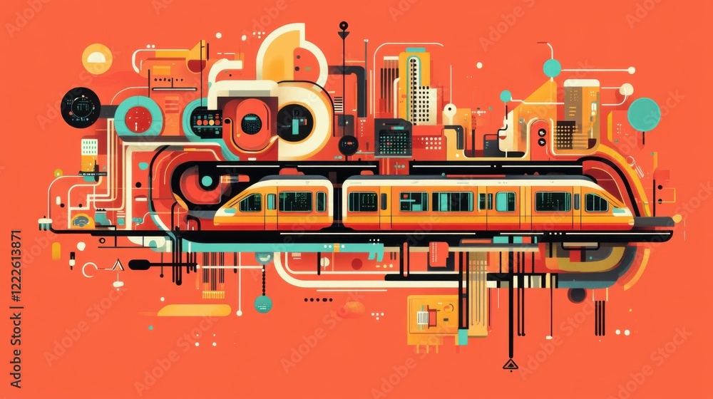 Poster colorful abstract illustration of a train with intricate patterns and urban elements in background