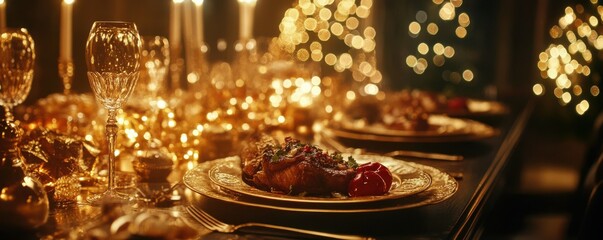 Festive holiday dinner table with candlelit ambiance and delicious food