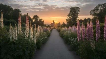 Sunset Garden Path Leading to Castle Lupine Flowers