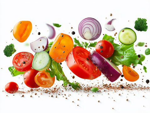 Flying fresh vegetables on a white background.