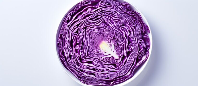 Chopped red cabbage in a white plate viewed from above on a soft light background with a subtle gradient, perfect for culinary or health themes.