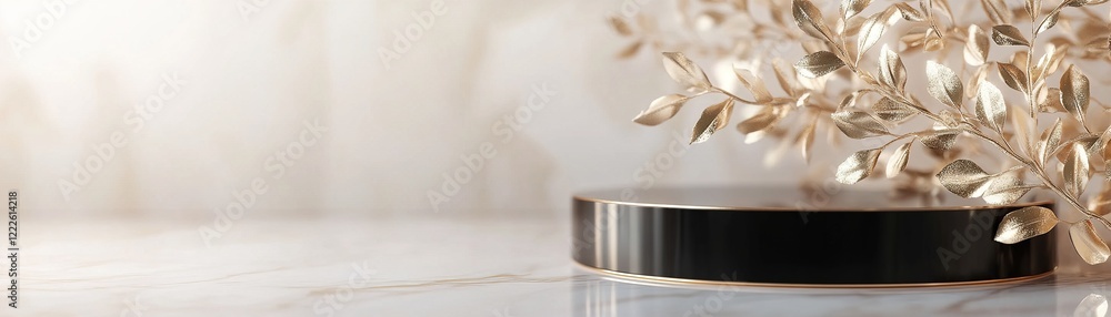 Poster glossy gold leaves form an elegant arc around a reflective podium in a high-end setting, highlighted