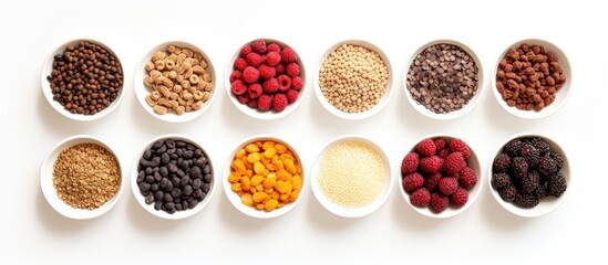 Assorted superfoods in white bowls including sesame seeds, cacao beans, goji berries, and more, neatly arranged on a white background.
