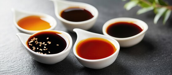 Assorted soy sauce varieties in white ceramic bowls arranged on a dark surface with soft green foliage accents highlighting culinary versatility