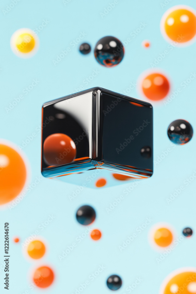 Poster a floating cube among ordinary spheres, showing the standout power of thinking differently