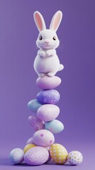 Cute white rabbit balancing on pastel colored Easter eggs against a purple background during a festive spring celebration