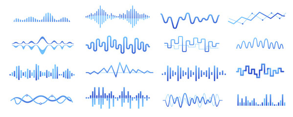 Audio podcast sound wave. Music song waveform, radio broadcast voice track, equalizer curve pulse, sound vibration amplitude level. Vector isolated set