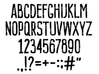 Brush letters, numbers. Handwritten font with rough brush paint uppercase and lowercase letters, punctuation marks and math brushwork ink signs. Vector vintage grunge type set