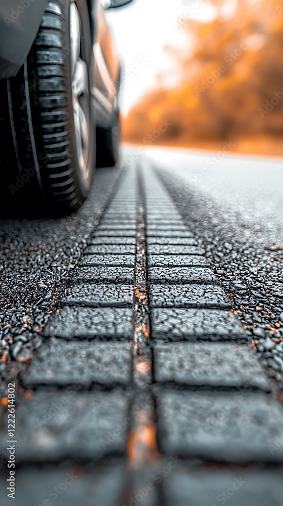 Poster a close-up of a tire on a textured road, showcasing tire tread patterns with a blurred background of