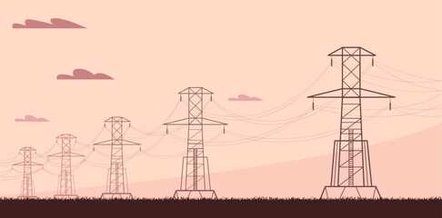 Electric power line. High voltage electricity transmission network with metal pylons and cables, industrial landscape with power supply grid. Vector energy illustration