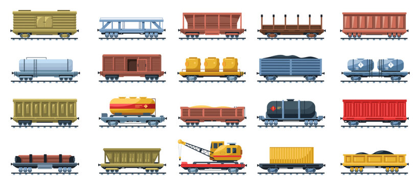 Freight train. Railroad locomotive transport and rail cargo carriages, railway wagon platform with containers for transport goods, train shipment delivery. Vector set