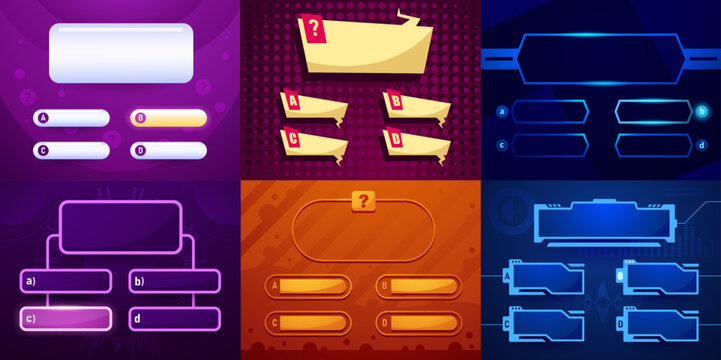 Trivia game template. Quiz interface layout for web and mobile app with quizzes question and answer screen, quizzes multiple choice layout score page. Vector quizzical mockup