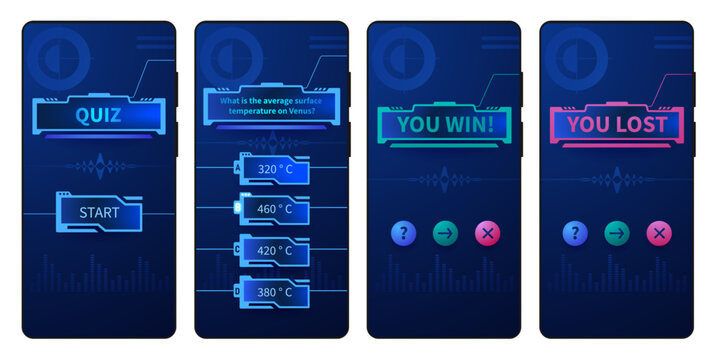 Mobile quiz app. Trivia phone interface questionnaire game template, quizzing modern UI design with question and answer choice screen. Vector guess game
