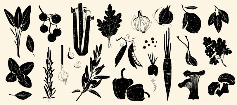 Black stamp vegetables. Retro woodcut engraved farm food icons, organic healthy products, tomato onion garlic celery pepper. Vector vegetable sketch collection