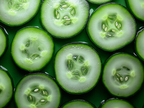 Close-up cucumber slices top view.