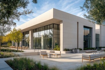 Fototapeta premium A minimalist health building with clean lines, soft neutral colors, and a calming outdoor seating area