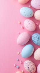 Fototapeta premium Colorful Easter eggs arranged on a pastel pink background with decorative candy pieces scattered