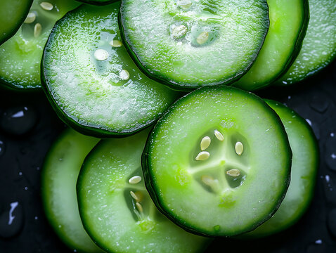 Close-up cucumber slices top view.