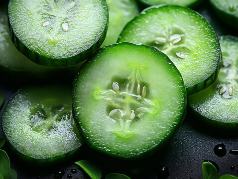 Close-up cucumber slices top view.