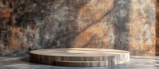 Round plywood podium in center of vintage textured wall featuring warm browns and grays with soft lighting, creating an inviting atmosphere for presentations.