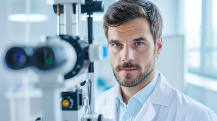 Doctor performing eye examination with focused expression, using specialized equipment in bright clinical setting