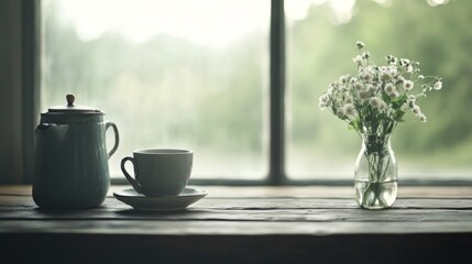 Coffee cup, teapot, flowers by window.