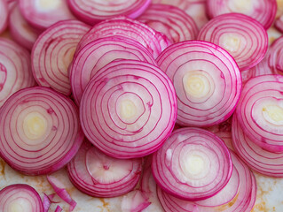 Close-up onion slices top view.