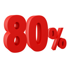 Number 80 percent of red color 3d sign percent discount on isolated background.red and White on a Transparent Background