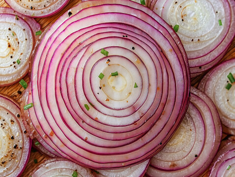 Close-up onion slices top view.