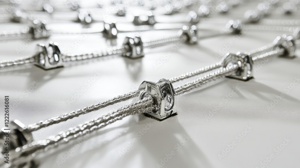 Poster close-up view of metallic connectors and cables arranged in a structured pattern on a surface