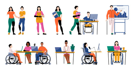 People with disabilities studying, working in offices and collaborating. Using tools like wheelchairs, prosthetics and laptops in educational and professional settings. Cartoon vector illustration