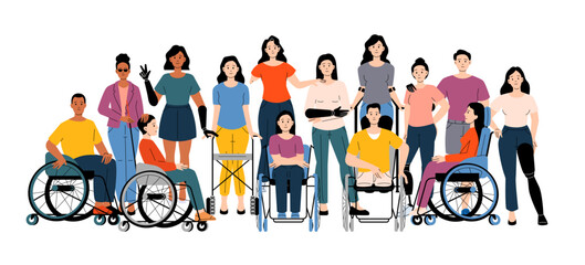 Diverse group of people with disabilities and prosthetics. Individuals standing, sitting in wheelchairs showing inclusion and empowerment. Cartoon vector illustration
