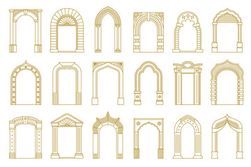 Line arch door frames. Minimalist ornate geometric doorway border frames, simple ornamental arched entrance decorative doors. Vector arch collection