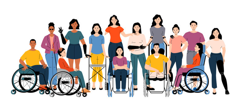 Diverse group of people with disabilities and prosthetics. Individuals standing, sitting in wheelchairs showing inclusion and empowerment. Cartoon vector illustration