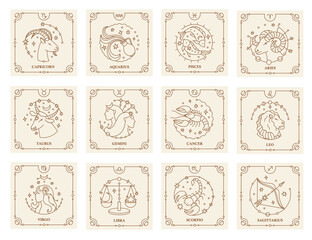 Astrology sign. Zodiac constellation symbols with horoscope icons, abstract astrological minimal line logo for calendar print, esoteric astrology concept. Vector set