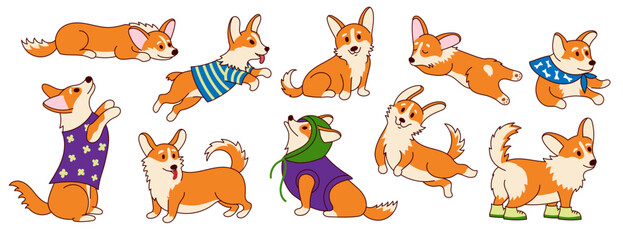 Kawaii corgi puppy. Cute kawaiiness cartoon funny characters with cutie emotions and kawaiify poses, charming pembroke corgi dog mascots. Vector adorable set